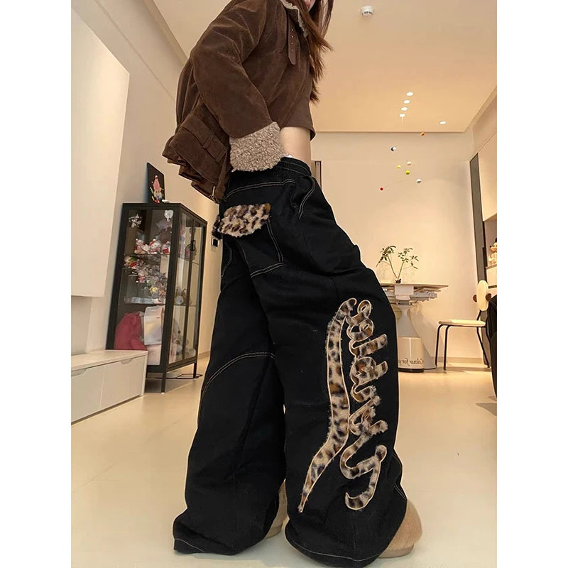 ZHIZOU Women's Baggy Black Jeans Y2k American Retro Designer Leopard Denim Pants Grunge Harajuku Hip-pop Wide Fit Cowboy Pants